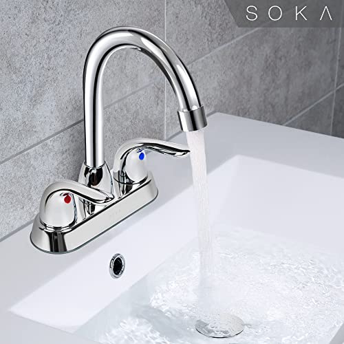 SOKA Two Handles Centerset Bathroom Faucet For Sink High Arc Stainless Steel With Deck Plate & Pop-Up Drain Assembly Fit 3 Hole Installation, Chrome (SK18001C)