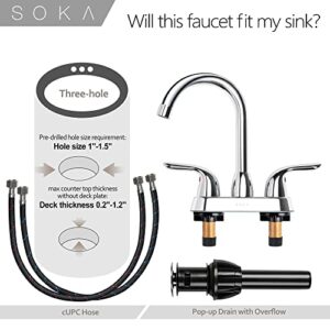 SOKA Two Handles Centerset Bathroom Faucet For Sink High Arc Stainless Steel With Deck Plate & Pop-Up Drain Assembly Fit 3 Hole Installation, Chrome (SK18001C)