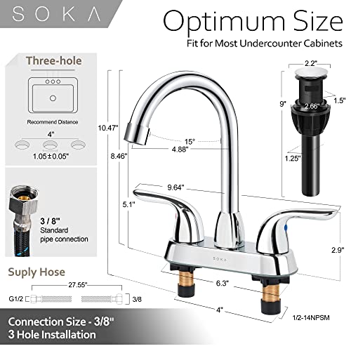 SOKA Two Handles Centerset Bathroom Faucet For Sink High Arc Stainless Steel With Deck Plate & Pop-Up Drain Assembly Fit 3 Hole Installation, Chrome (SK18001C)