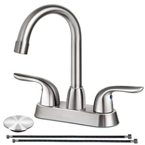 soka centerset bathroom sink faucet two handles high arc 4" lavatory bath with deck plate & pop-up drain fit 3 hole installation, brushed nickel (sk18001ny)