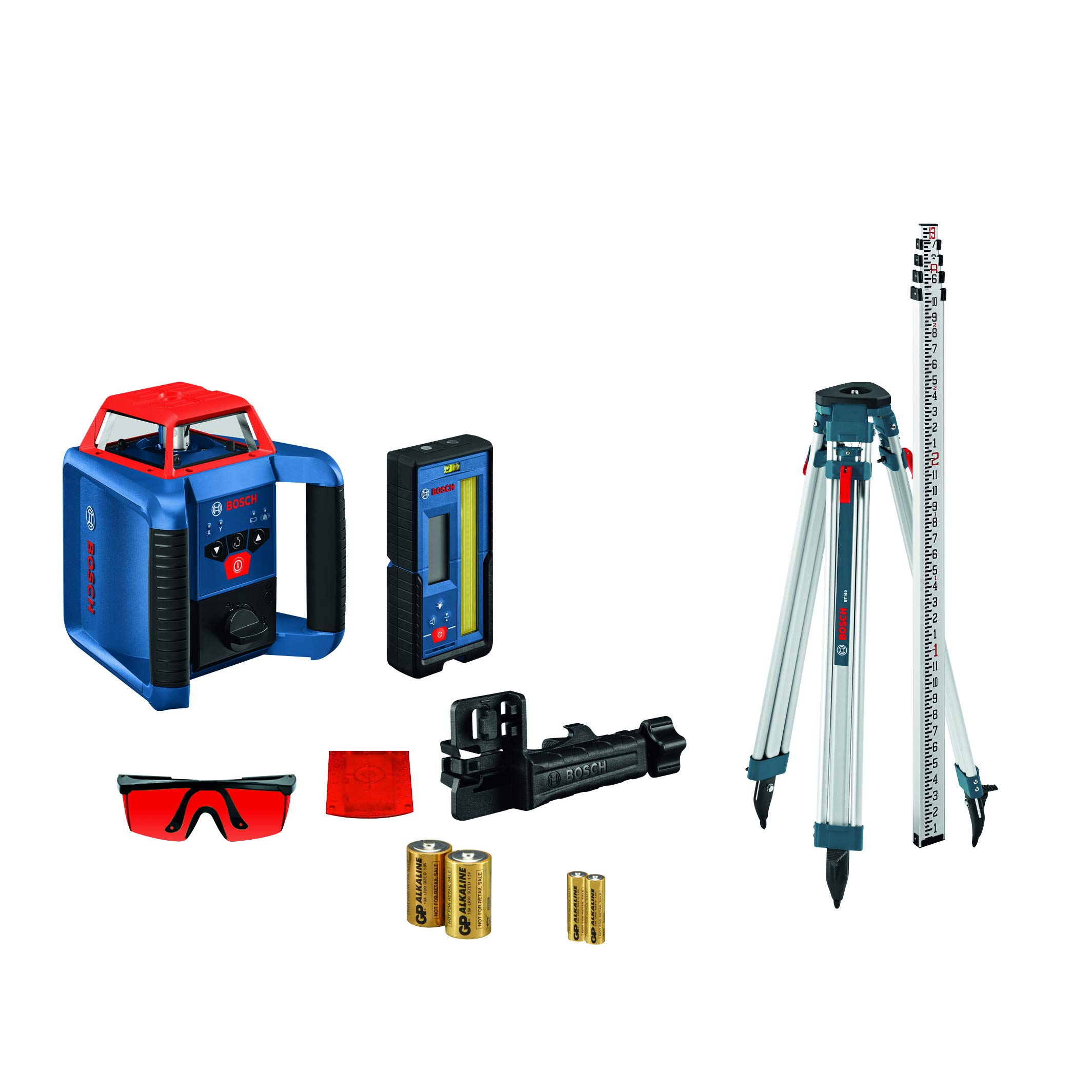 BOSCH REVOLVE2000 GRL2000-40HK Exterior 2000ft Range Horizontal Self-Leveling Cordless Rotary Laser Kit with Tripod, 13ft Grade Rod and Laser Receiver , Red