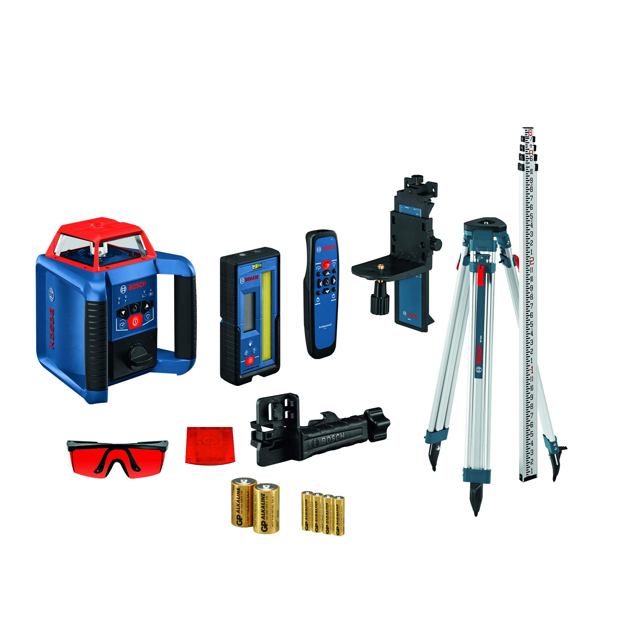 BOSCH REVOLVE2000 GRL2000-40HVK Exterior 2000ft Range Horizontal/Vertical Self-Leveling Cordless Rotary Laser Kit with Tripod, 13ft Grade Rod and Laser Receiver,Red