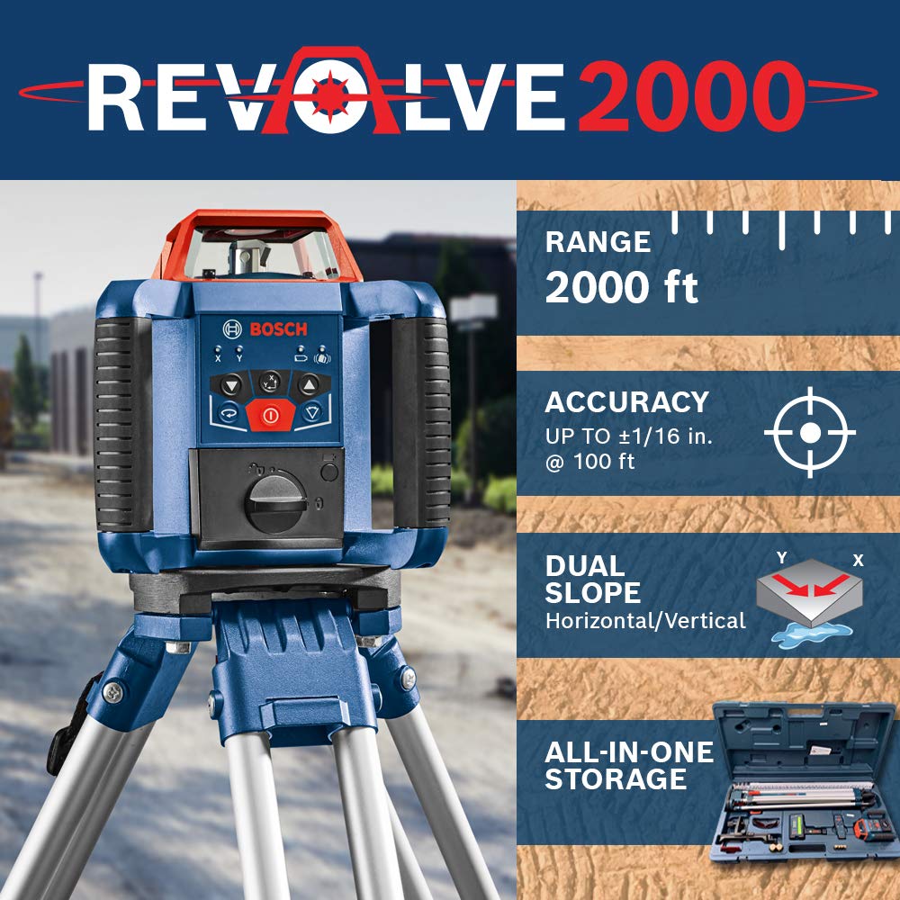 BOSCH REVOLVE2000 GRL2000-40HK Exterior 2000ft Range Horizontal Self-Leveling Cordless Rotary Laser Kit with Tripod, 13ft Grade Rod and Laser Receiver , Red