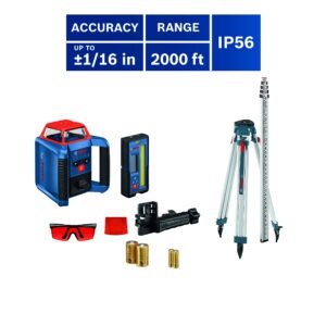 BOSCH REVOLVE2000 GRL2000-40HK Exterior 2000ft Range Horizontal Self-Leveling Cordless Rotary Laser Kit with Tripod, 13ft Grade Rod and Laser Receiver , Red