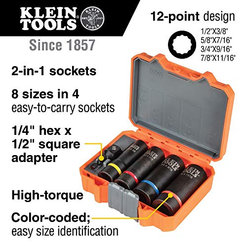 Klein Tools 66040 2-in-1 Impact Socket Set, 5-Piece Tool Set with 12-Point Deep Sockets with 1/2-Inch Drive, Includes Tool Case