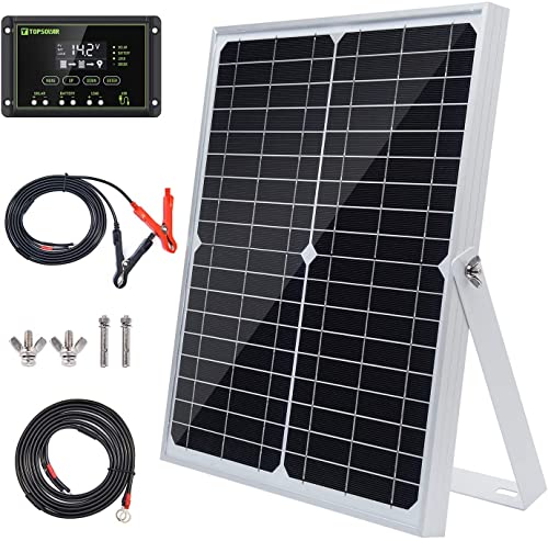 Topsolar 20W 12V Solar Panel kit Battery Charger Maintainer + 10A PWM Solar Charge Controller + Adjustable Mount Tilt Rack Bracket + Solar Cable for Car RV Marine Boat 12 Volt Battery Off Grid