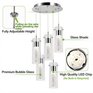 Hykolity 5-Light Pendant Ceiling Fixture, Integrated LED Kitchen Lighting, 30W (180 Watt Equivalent) CRI 90+, 2250lm Premium Bubble Glass with Chromed Finished ETL Listed