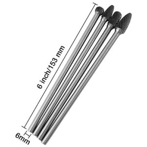 Wolfride 4pcs Long Shank Tungsten Carbide Burr Set 6mm Shank Die Grinder Burr Set for Metal 6-Inch Length