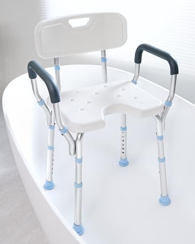 OasisSpace Heavy Duty Shower Chair with Back and Arms 300lb, Bathtub Chair with Handles - Medical Tool Free Shower Cutout Seat for Handicap, Disabled, Seniors & Elderly