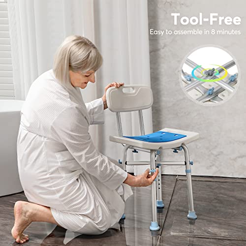 OasisSpace Heavy Duty Shower Chair with Back 500lb, EVA Padded Bath Seat with Height Adjustable Tube- Medical Tool Free Anti-Slip Shower Bench Bathtub Stool for Elderly, Senior, Handicap & Disabled