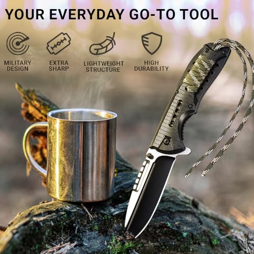 Spring Assisted Pocket Knife - Survival Military Foldable Knife - Best Outdoor Camping Hunting Bushcraft EDC Folding Knife - Tactical Paracord Stainless Steel Pocket Knives w/Clip for Men 25443