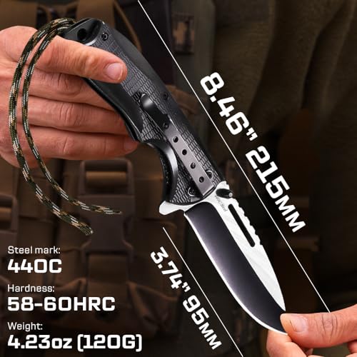 Spring Assisted Pocket Knife - Survival Military Foldable Knife - Best Outdoor Camping Hunting Bushcraft EDC Folding Knife - Tactical Paracord Stainless Steel Pocket Knives w/Clip for Men 25443