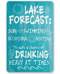 lake forecast - great lake house decor, cabin decoration and lake life sign, camping summer accessories, unique housewarming gift new home, 8x12 use indoors or outdoors durable wood look metal sign