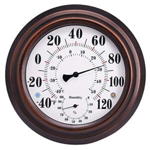 indoor outdoor thermometer - premium steel wall thermometer hygrometer for patio, wall or decorative, no battery required hanging thermometer 8" round diameter (bronze)