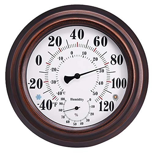 Indoor Outdoor Thermometer - Premium Steel Wall Thermometer Hygrometer for Patio, Wall or Decorative, No Battery Required Hanging Thermometer 8" Round Diameter (Bronze)