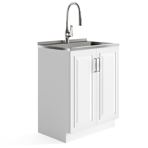 SIMPLIHOME Darwin Contemporary 28 Inch Deluxe Laundry Cabinet with Pull-out Faucet and Stainless Steel Sink in White, For the Laundry Room and Utility Room