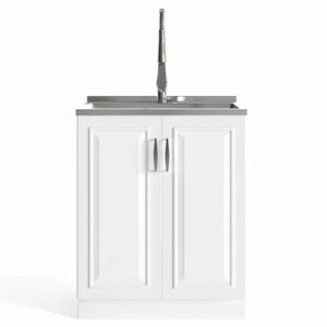 SIMPLIHOME Darwin Contemporary 28 Inch Deluxe Laundry Cabinet with Pull-out Faucet and Stainless Steel Sink in White, For the Laundry Room and Utility Room