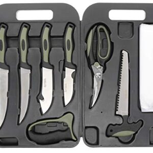 Old Timer Outdoor Kit with Game Shears, Bone Saw, Gut Hook, Caping, Boning, and Fillet Knives, Knife Sharpener, and Latex Butcher Gloves for Hunting, Camping, Fishing, Meat Processing, and Outdoors