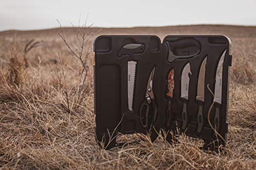 Old Timer Outdoor Kit with Game Shears, Bone Saw, Gut Hook, Caping, Boning, and Fillet Knives, Knife Sharpener, and Latex Butcher Gloves for Hunting, Camping, Fishing, Meat Processing, and Outdoors