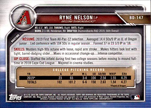 2019 Bowman Draft Paper Baseball #BD-147 Ryne Nelson Arizona Diamondbacks First 1st Bowman Card Official MLB Prospect Trading Card From The Topps Company