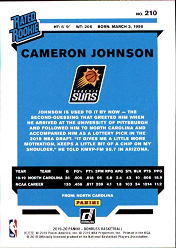 2019-20 Donruss Basketball #210 Cameron Johnson Phoenix Suns RC Rated Rookie Official NBA Trading Card (by Panini America)