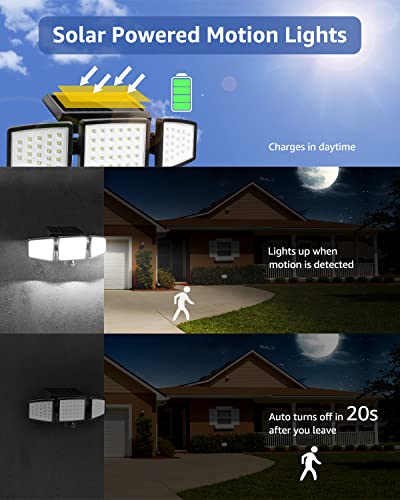 LE Solar Lights for Outside, Motion Activated Security Lights, WL4000 High Brightness, 3 Adjustable Heads 270° Wide Lighting Angle, IP65 Waterproof, Wireless Wall Lamp for Porch Yard Garage