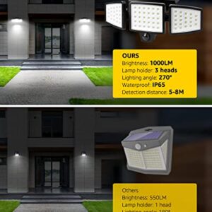 LE Solar Lights for Outside, Motion Activated Security Lights, WL4000 High Brightness, 3 Adjustable Heads 270° Wide Lighting Angle, IP65 Waterproof, Wireless Wall Lamp for Porch Yard Garage