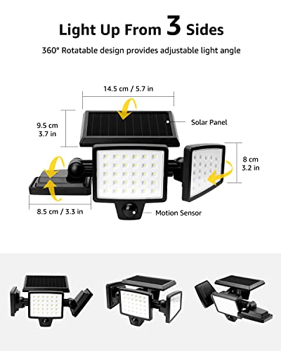 LE Solar Lights for Outside, Motion Activated Security Lights, WL4000 High Brightness, 3 Adjustable Heads 270° Wide Lighting Angle, IP65 Waterproof, Wireless Wall Lamp for Porch Yard Garage