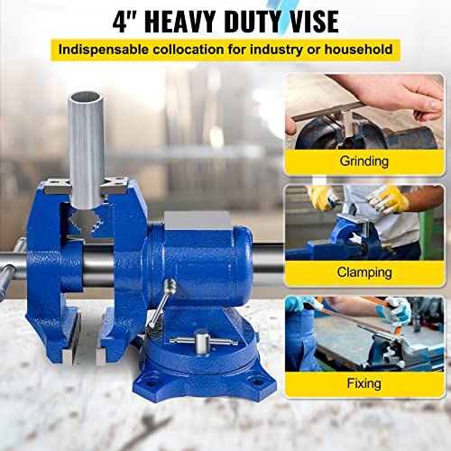 BestEquip 4" Heavy Duty Bench Vise , Double Swivel Rotating Vise Head/Body Rotates 360° ,Pipe Vise Bench Vices 15Kn Clamping Force,for Clamping Fixing Equipment Home or Industrial Use