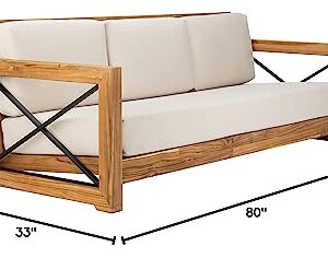 Safavieh CPT1010A Couture Curacao Brazilian Teak Outdoor 3-Seat Patio Sofa, Natural/White