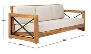 Safavieh CPT1010A Couture Curacao Brazilian Teak Outdoor 3-Seat Patio Sofa, Natural/White