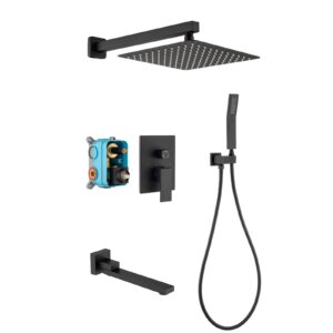 dobrass black shower system with tub spout, waterfall shower faucet set complete with pre-embedded valve, handheld shower and 12-inch shower head, wall mounted