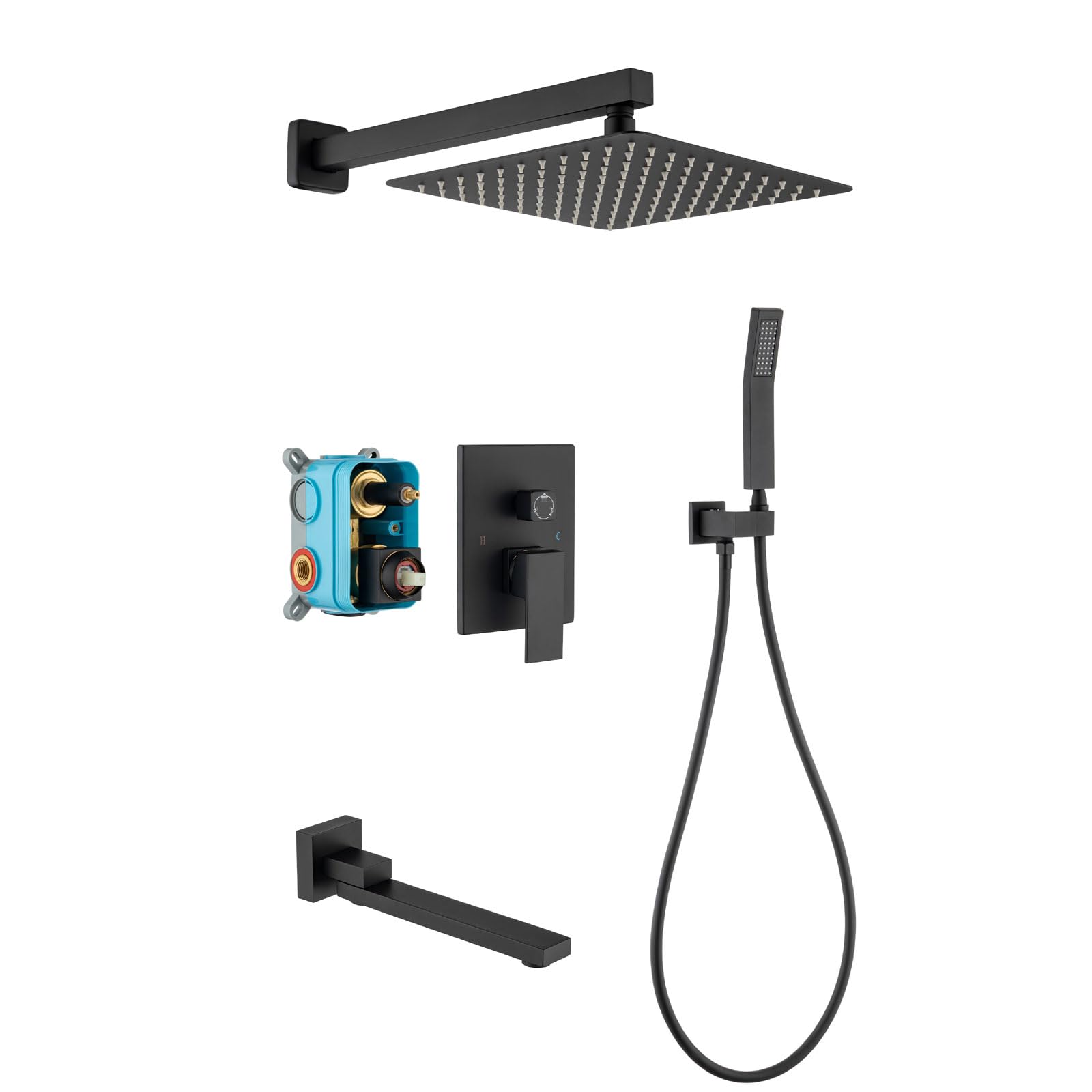 DoBrass Black Shower System with Tub Spout, Waterfall Shower Faucet Set Complete with Pre-embedded Valve, HandHeld Shower and 12-inch Shower Head, Wall Mounted