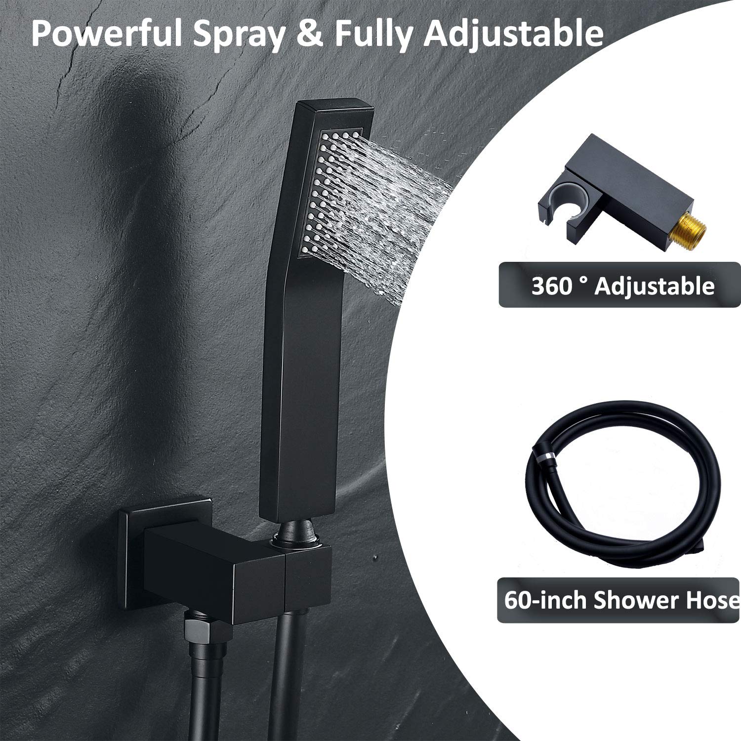 DoBrass Black Shower System with Tub Spout, Waterfall Shower Faucet Set Complete with Pre-embedded Valve, HandHeld Shower and 12-inch Shower Head, Wall Mounted