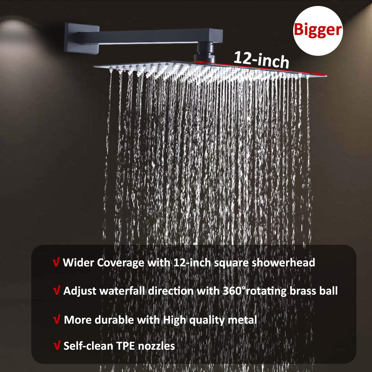 DoBrass Black Shower System with Tub Spout, Waterfall Shower Faucet Set Complete with Pre-embedded Valve, HandHeld Shower and 12-inch Shower Head, Wall Mounted