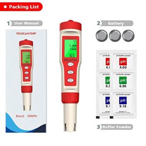 Digital PH Meter with ATC: 4 in 1 PH TDS EC Temp - ORAPXI PH Tester High Accuracy Pocket Size PH Measurement for Pool, Lab, Aquarium, Pond, Beer Brewing