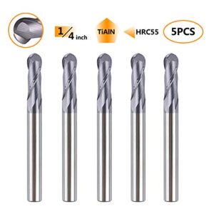 SpeTool 5PCS Ball Nose End Mill Cutter CNC Router Bits Double Flute HRC55 Spiral Milling Tool 1/4 Inch Shank 2-1/2 Inch Length OVL