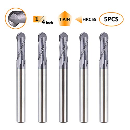 SpeTool 5PCS Ball Nose End Mill Cutter CNC Router Bits Double Flute HRC55 Spiral Milling Tool 1/4 Inch Shank 2-1/2 Inch Length OVL