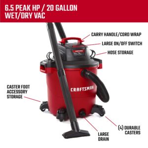 Craftsman CMXEVBE17596 20 Gallon 6.5 Peak HP Wet/Dry Vac, Heavy-Duty Shop Vacuum with Attachments and Additional General Purpose Filter