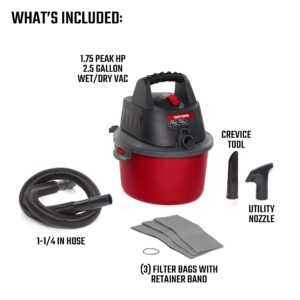 Craftsman CMXEVBE17250 2.5 Gallon 1.75 Peak HP Wet/Dry Vac, Portable Shop Vacuum with Attachments and Additional Filter Bags