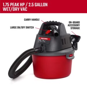 Craftsman CMXEVBE17250 2.5 Gallon 1.75 Peak HP Wet/Dry Vac, Portable Shop Vacuum with Attachments and Additional Filter Bags