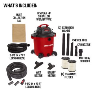 CRAFTSMAN CMXEVBE17596 20 Gallon 6.5 Peak HP Wet/Dry Vac, Heavy-Duty Shop Vacuum with 20-Foot Hose Kit and General Purpose Filter