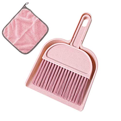 meioro Mini Dustpan and Brush Set, Multi-Functional Cleaning Tool with Hand Broom Brush, Plastic Dust Pan, Coral Fleece Cleaning Cloth, 2-in-1 Cute Helper Cleaning Set for Kids Toys Pets Car, Pink