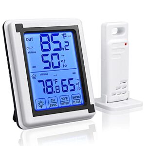auing hygrometer indoor outdoor thermometer wireless temperature gauge meter and ​humidity monitor with touchscreen and waterproof outdoor temperature monitor,200ft/60m range
