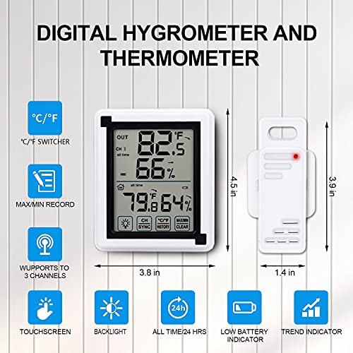 AUING Hygrometer Indoor Outdoor Thermometer Wireless Temperature Gauge Meter and ​Humidity Monitor with Touchscreen and Waterproof Outdoor Temperature Monitor,200ft/60m Range