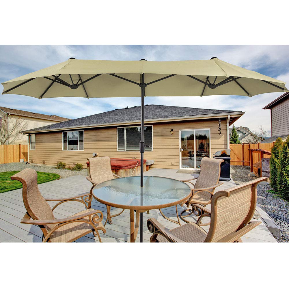 PHI VILLA 13ft Large Patio Umbrella Double-Sided Twin Outdoor Market Umbrella with Crank, Beige