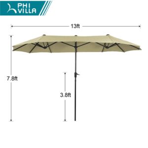 PHI VILLA 13ft Large Patio Umbrella Double-Sided Twin Outdoor Market Umbrella with Crank, Beige