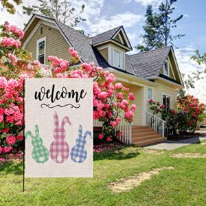 Welcome Easter Garden Flag Double Sided Easter Bunny Vertical Burlap House Flags, Spring Rustic Farmhouse Yard Outdoor Decoration 12.5 x 18 Inch