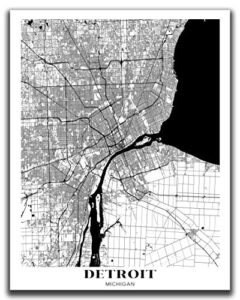 detroit city map wall art - 11x14" unframed print - modern, minimal, black and white detroit, mi wall decor - detroit gifts for women and men, souvenirs, poster