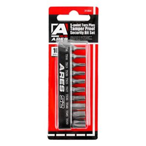 ARES 31004-10-Piece 5-Point Torx Plus Tamper Proof Security Bit Set - 25mm Length S2 Steel Precision Machined Security Bits - Storage Rail Included